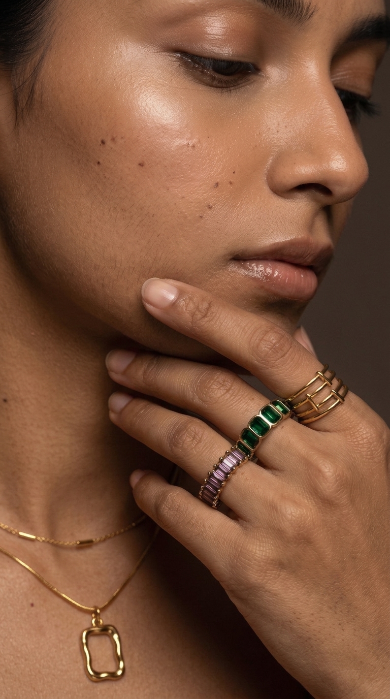 GleamNest Fine Jewelry Editorial - Model wearing layered gold necklace and eternity rings